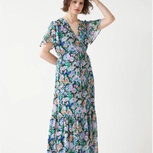 & Other Stories Viscose FLORAL Print WRAP FLUTTER Sleeve RUFFLE MIDI Size 10